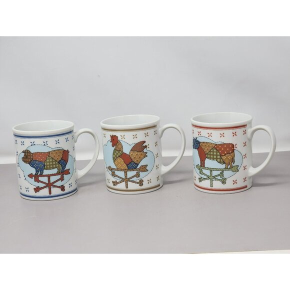 Set Of 3 Country Chicken & Cow Weathervane Mugs Patchwork‎ Design Ceramic - Picture 1 of 16